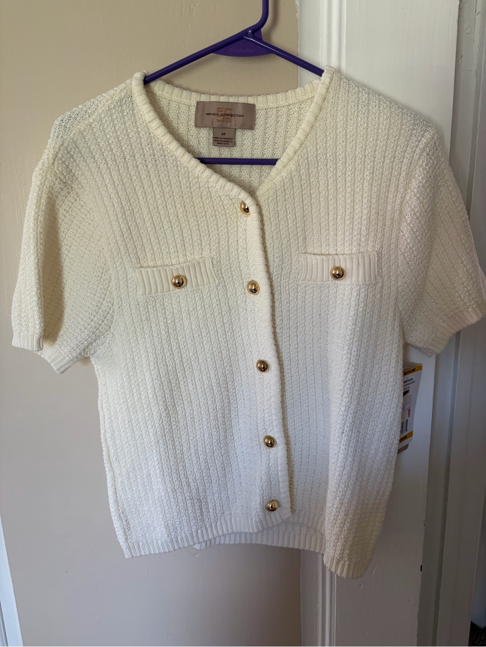 French Connection Cream Short-Sleeve Button Knit Cardigan and skirt